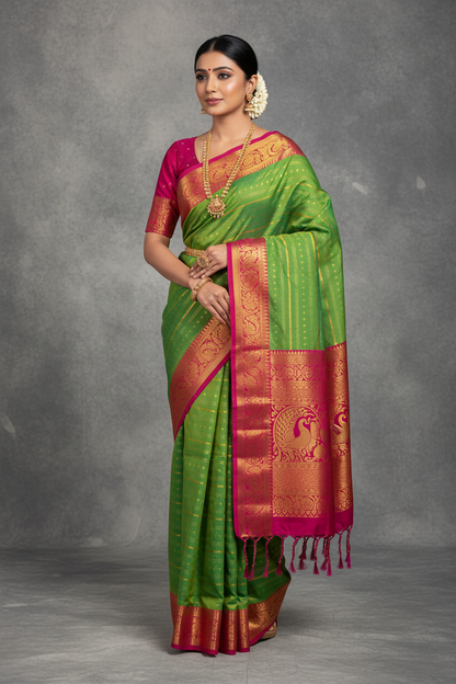Soft Vegan Silk Saree Light Green Colour with Pink and Copper Border