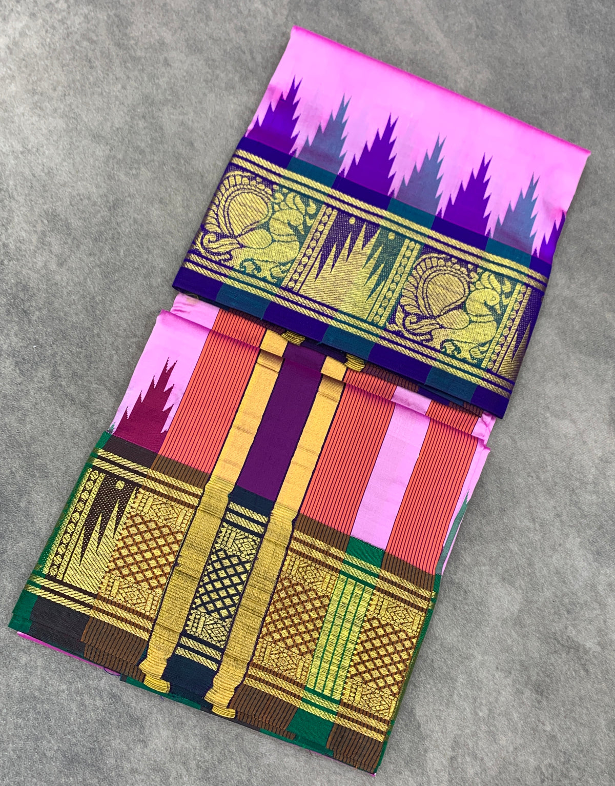 6 Mulam Silk Pooja Towel Baby Pink Colour with Ganga Jamuna Korvai Border