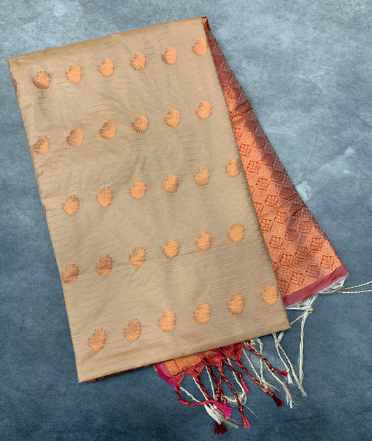 Soft Vegan Silk Saree Sandal Colour with Onion Pink and Copper Border