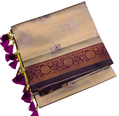 Art Silk Saree Sandal Colour with Purple Border