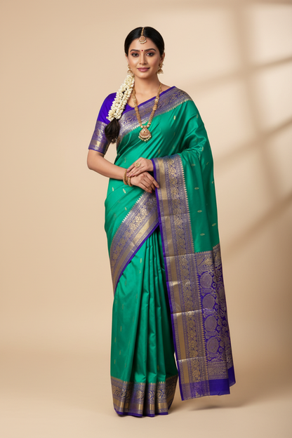 Pure Kanchipuram Silk Rama Green Colour with Blue Border