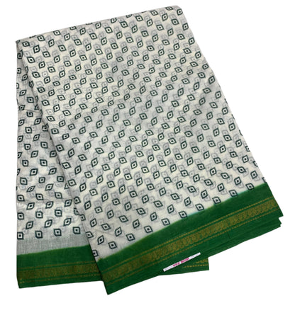 9 yards Cotton Saree White Colour with Light Green Border