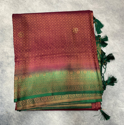 Soft Silk Saree Beetroot Pink Colour and Stone Work with Green Colour Pallu