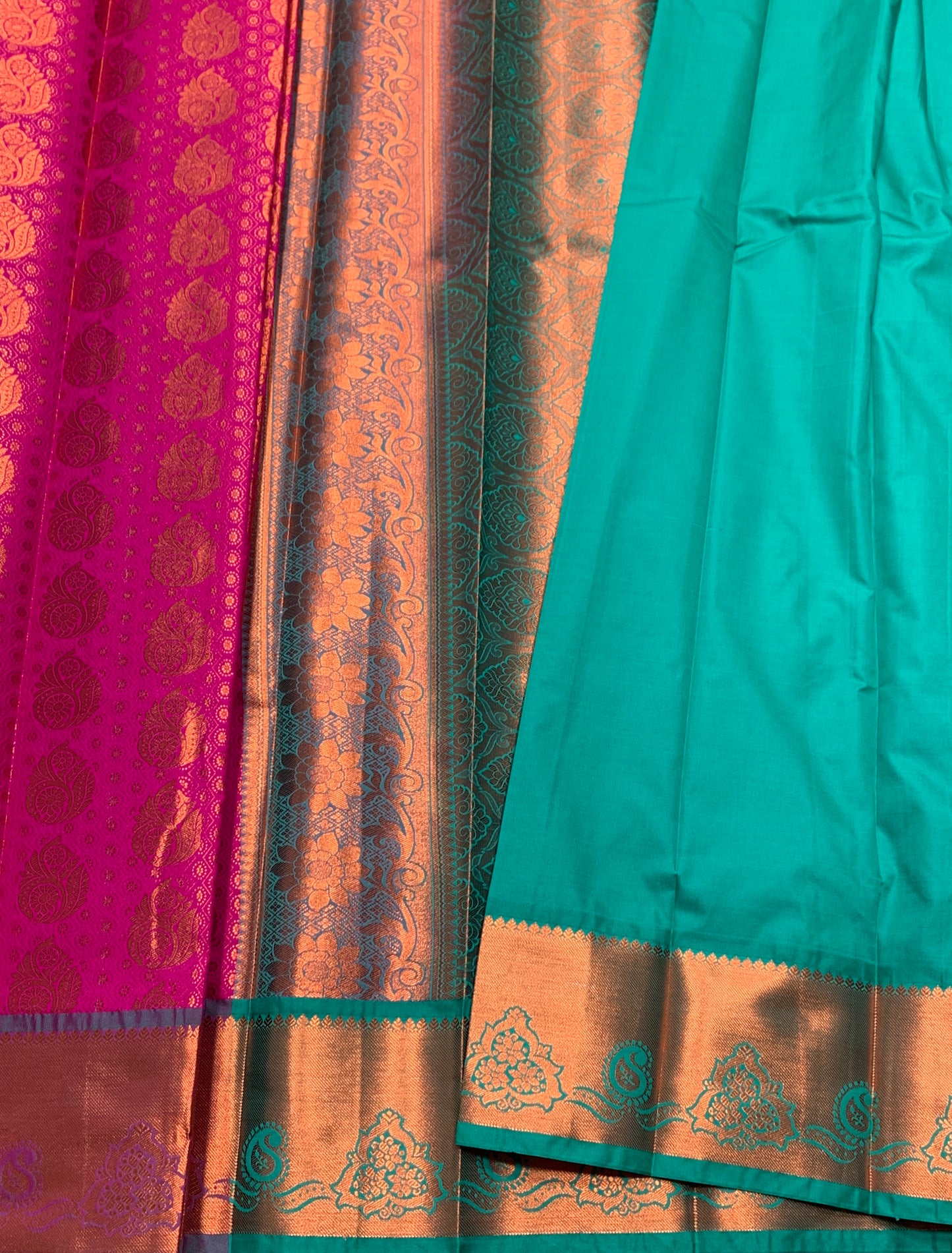 Vegan Silk Saree Pink Colour with Green and Copper Border