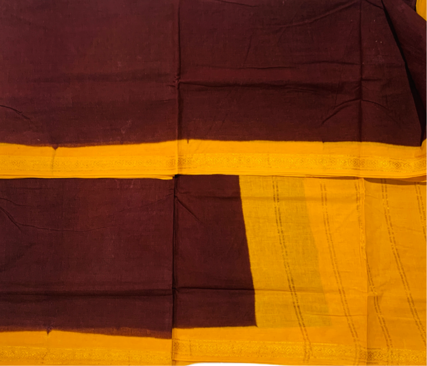 9 yards Cotton Saree Brown Colour with Yellow Border