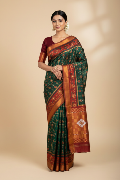 Pochampalli Semi Silk Saree Green Colour with Maroon Border