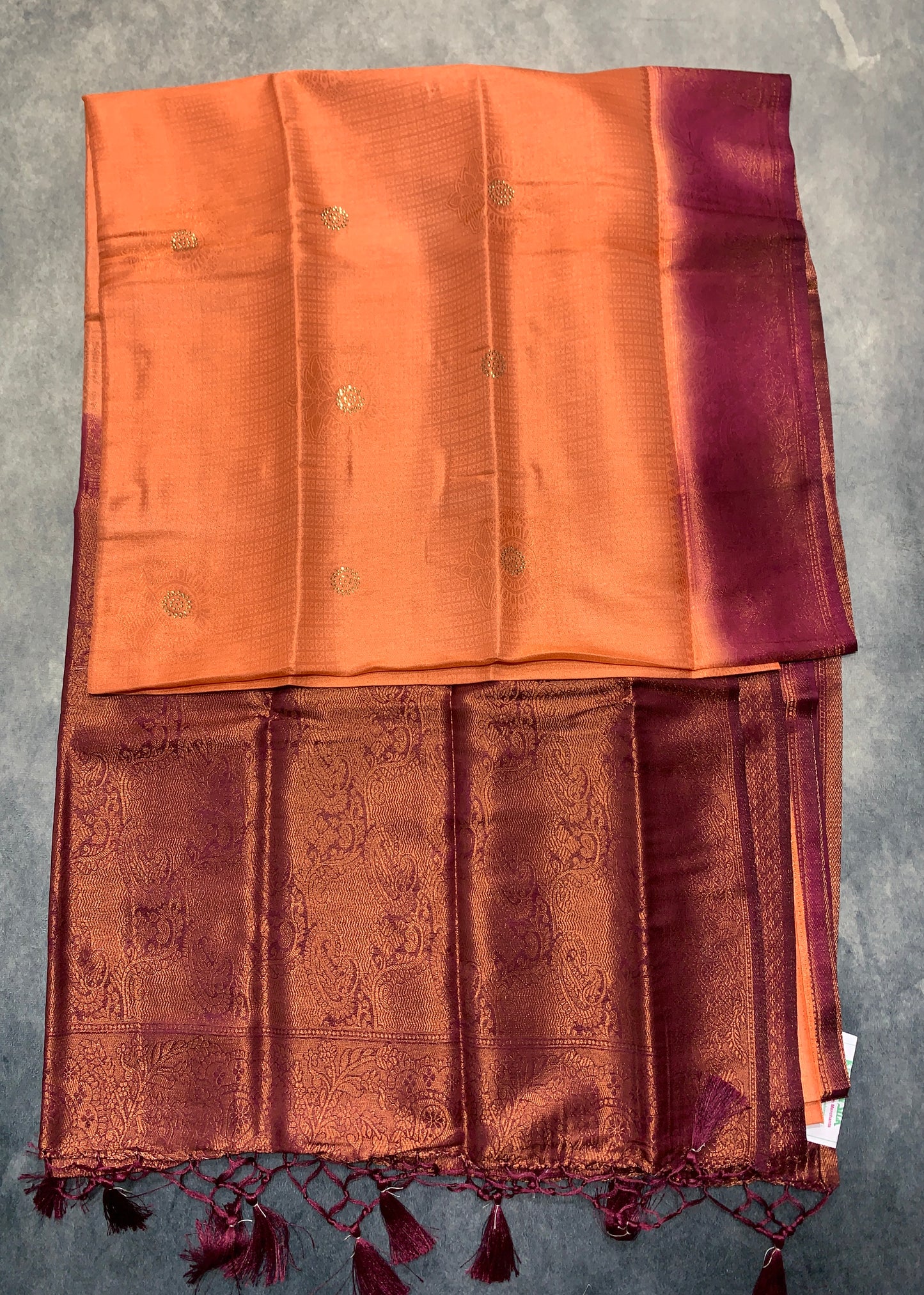 Soft Silk Saree Peach Colour and Stone Work with Brown Colour Pallu