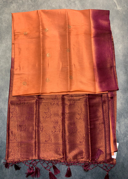 Soft Silk Saree Peach Colour and Stone Work with Brown Colour Pallu
