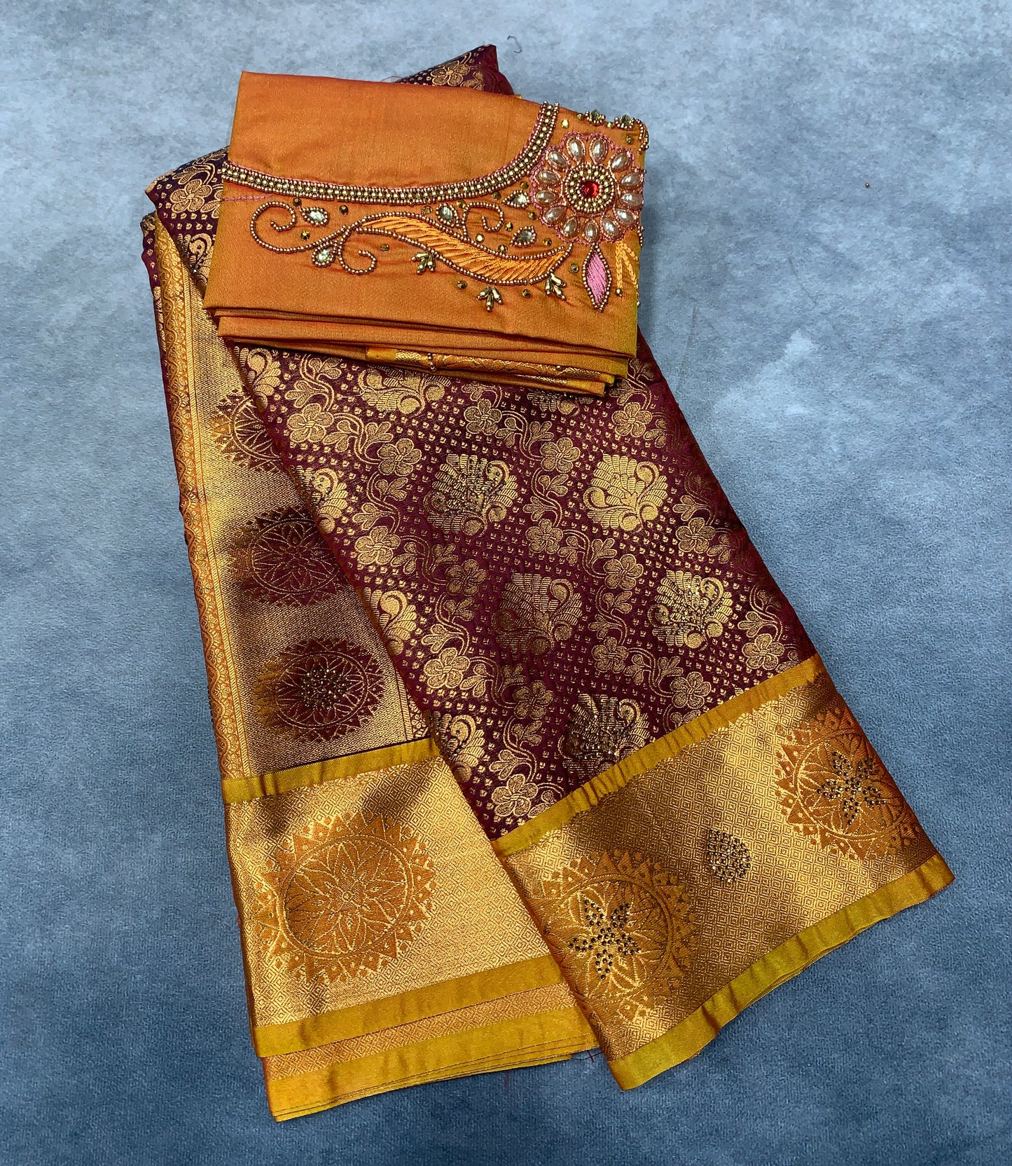 Bridal Vegan Silk Saree Maroon Colour with Golden Yellow Border with Unstitched blouse in Aari Work