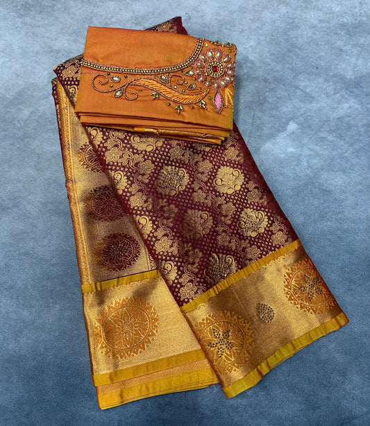 Bridal Vegan Silk Saree Maroon Colour with Golden Yellow Border with Unstitched blouse in Aari Work