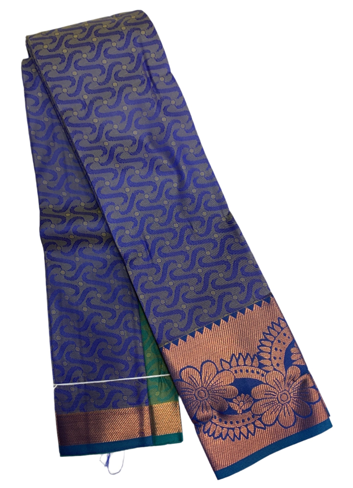 Synthetic Cotton Saree  Blue Shade with Copper and Floral Design Border