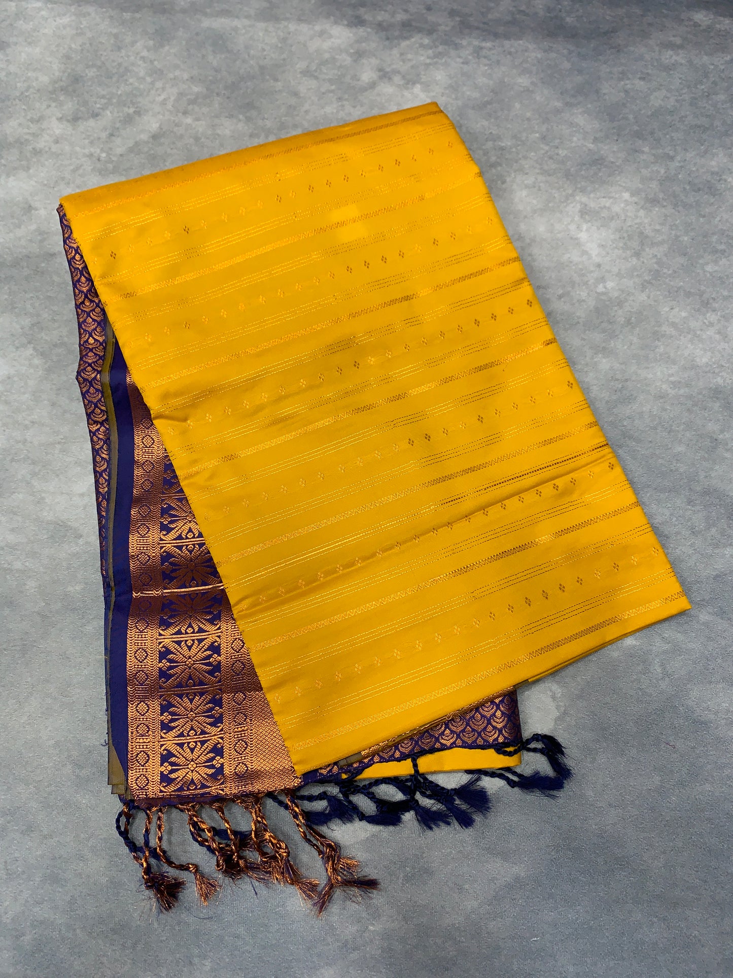 Soft Vegan Silk Saree Yellow Colour with Blue and Copper Border
