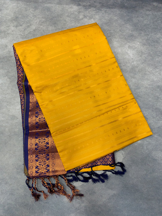 Soft Vegan Silk Saree Yellow Colour with Blue and Copper Border