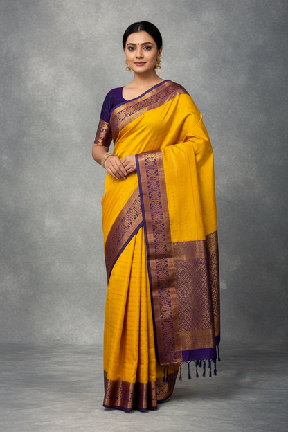 Soft Vegan Silk Saree Yellow Colour with Blue and Copper Border