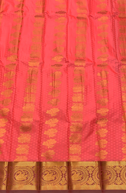 Vegan Silk Saree Peach Pink Colour with Onion Pink and Copper Border