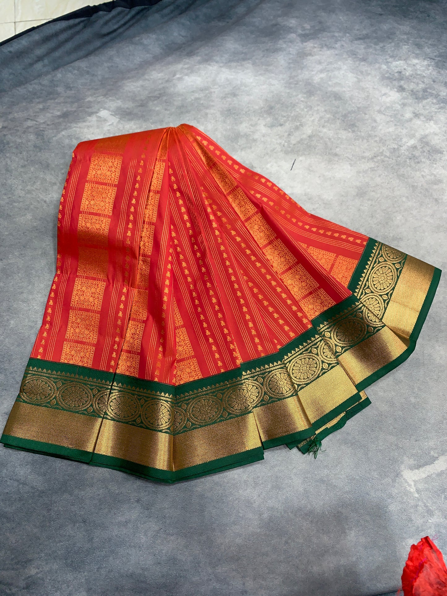 Vegan Silk Saree Orange- Red Colour Saree with Green Colour Contrast Border