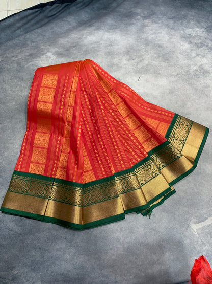 Vegan Silk Saree Orange- Red Colour Saree with Green Colour Contrast Border