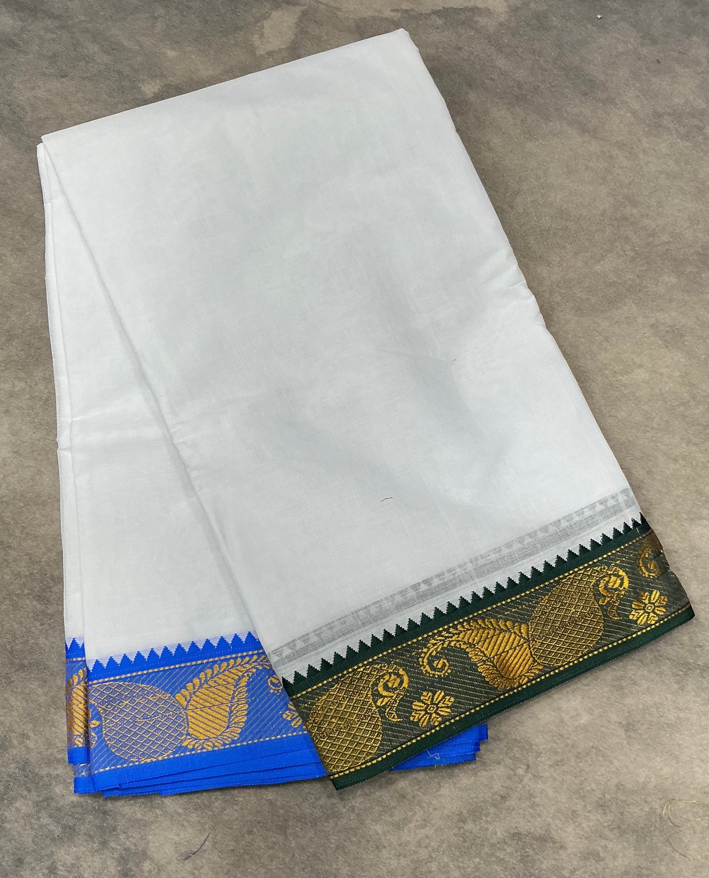 9X6 Cotton Dhoti White Colour with Green and Sky Blue Border with Angavastram