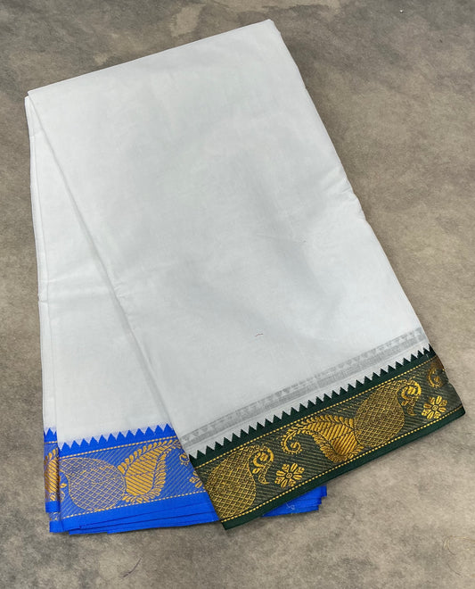 9X6 Cotton Dhoti White Colour with Green and Sky Blue Border with Angavastram