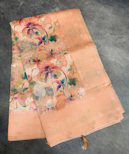 Digital Print Cotton Saree Light Peach Colour with Floral Pattern