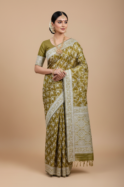 Banaras Katan Saree Pasipayaru Colour with Katan Work Border