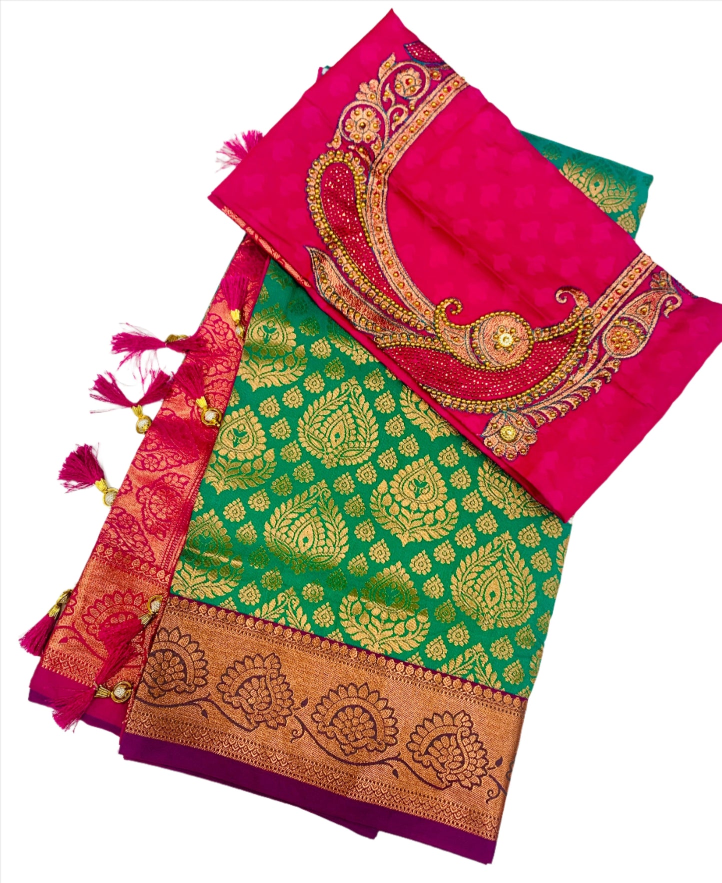 Bridal Vegan Silk Saree Green shade with Copper Border with Unstitched blouse in Aari work