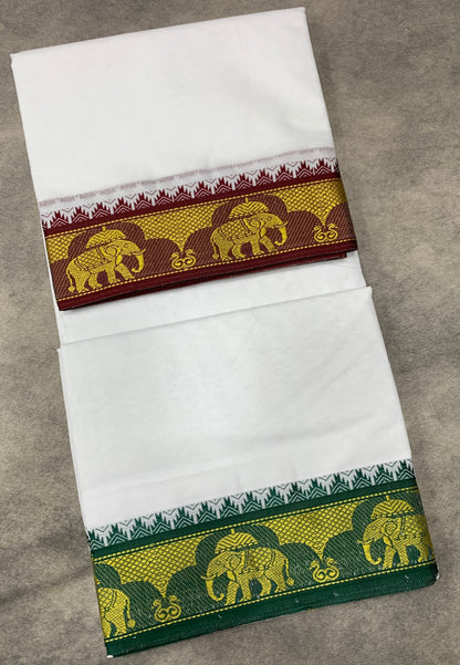 9X5 Cotton Dhoti White Colour with Brown and Green Border with Angavastarm