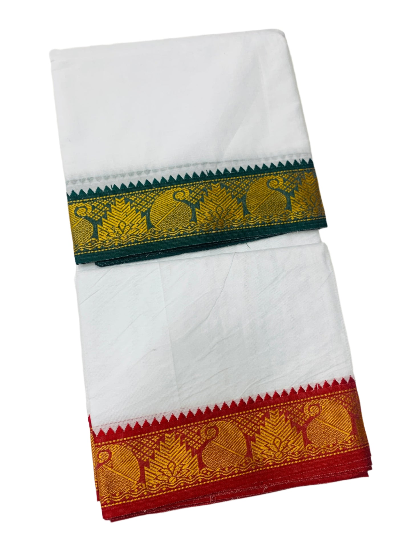 9X5 Cotton Dhoti White Green and Red Zari Border with Angavastram