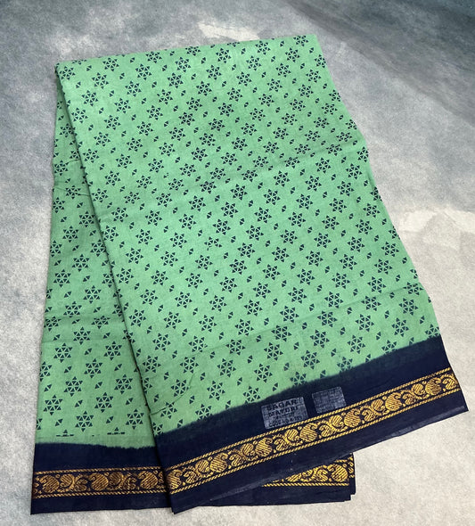 Chettinad Sungudi Cotton Pista Green Colour with Navy Blue Colour Border