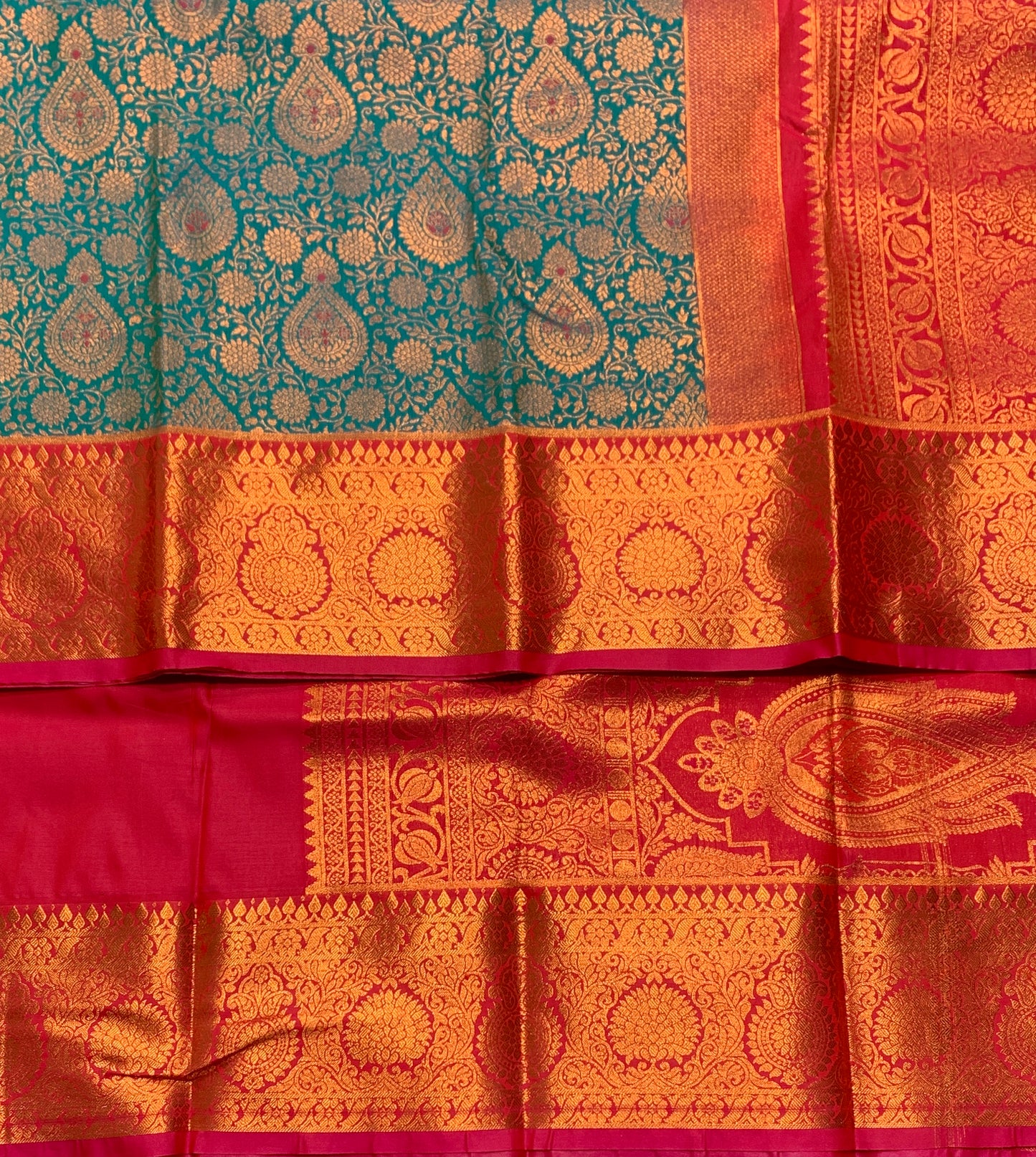 Vegan Silk Saree Peacock Blue Colour with Pink Border