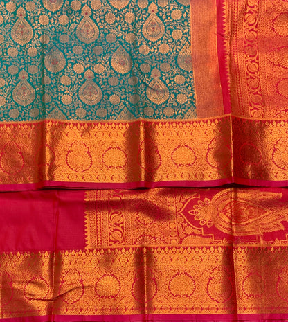 Vegan Silk Saree Peacock Blue Colour with Pink Border