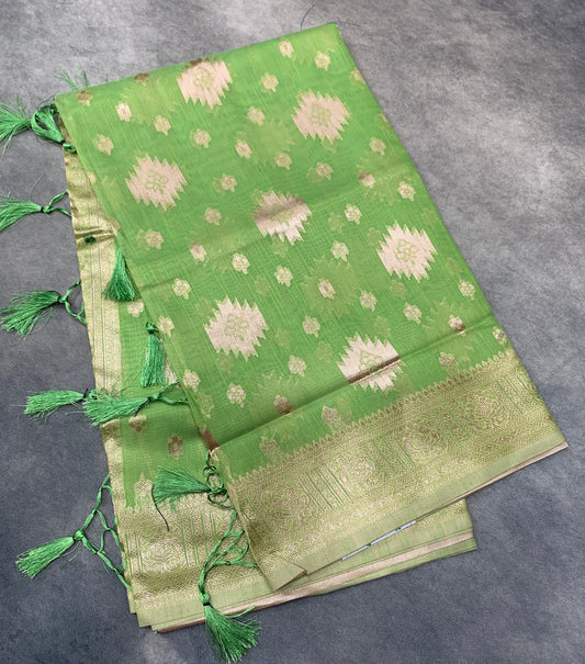 Banaras Katan Saree Apple Green Colour with Katan Work Border