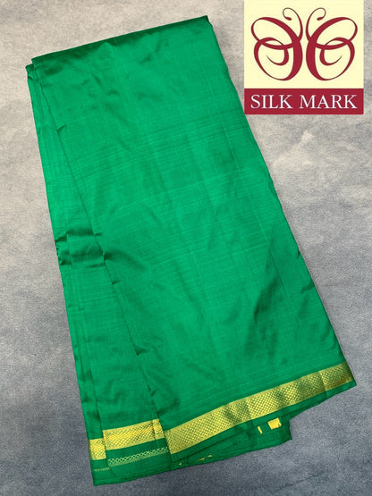 9X5 Pure Silk Dhoti Green Colour with Small Golden Zari Border