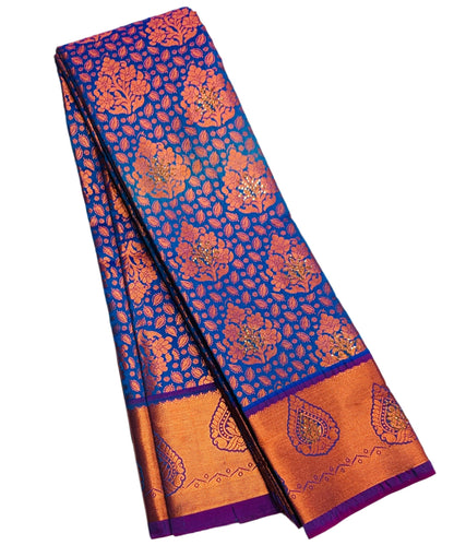 Vegan Silk Saree Blue Colour with Copper and Purple Border