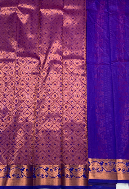 Vegan Silk Saree Purple Colour with Copper and Blue Border