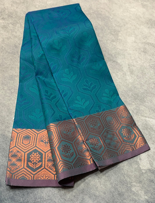 Synthetic Cotton Saree Rama Green Shade with Copper Border