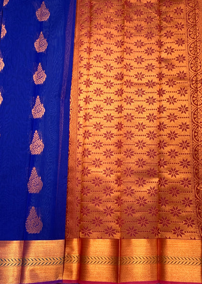 Ink Blue Shade Silk Cotton Saree with Copper Zari Border