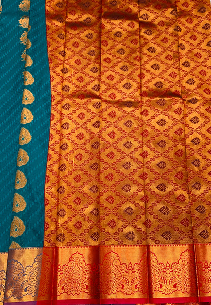 Vegan Silk Saree Peacock Green Colour with Copper Border