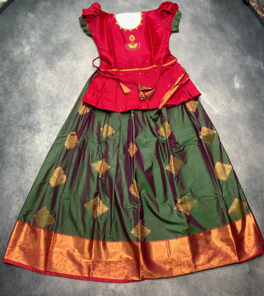 Ready To Wear Green Pavadai with Contrast Pink Blouse
