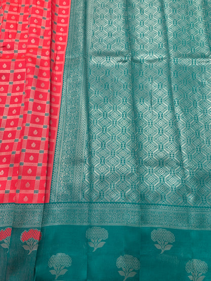 Art Silk Saree Tomato Red Colour with Rama Blue Colour Border