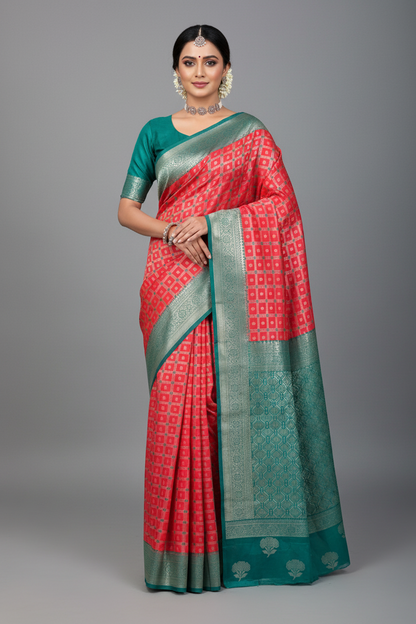 Art Silk Saree Tomato Red Colour with Rama Blue Colour Border