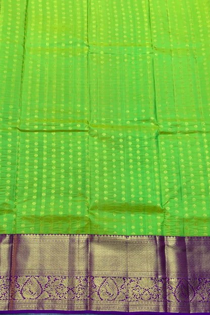 Parrot Green Shade Pure Kanchipuram Kids Pattu Pavadai with Contrast Border for Age Above 10 Years