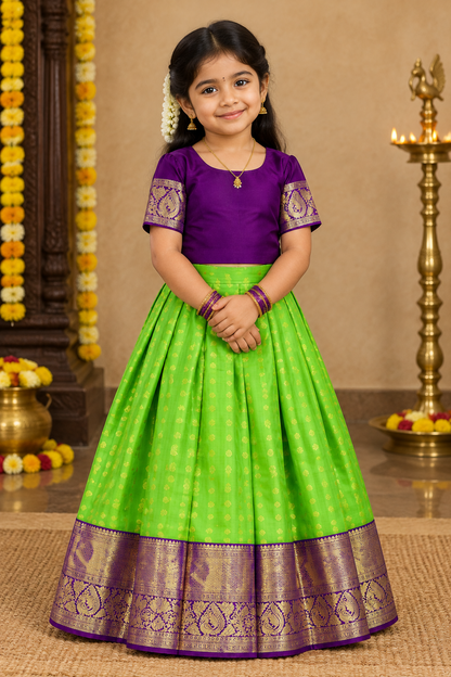 Parrot Green Shade Pure Kanchipuram Kids Pattu Pavadai with Contrast Border for Age Above 10 Years