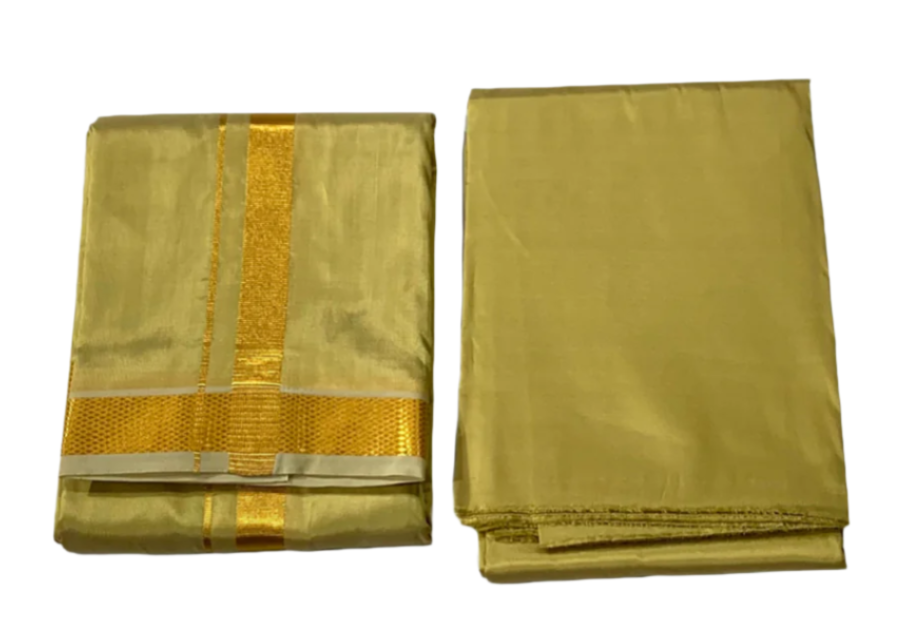 Pastel Dark Golden Pattu Dhothi and Shirt Material Combo