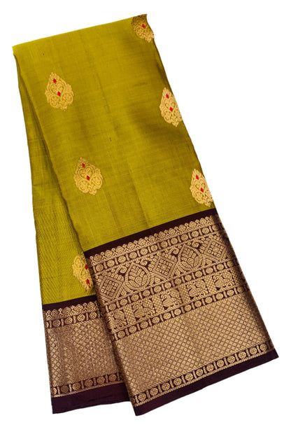 Pure Kanchipuram Silk Saree Olive Green Colour with Brown Border