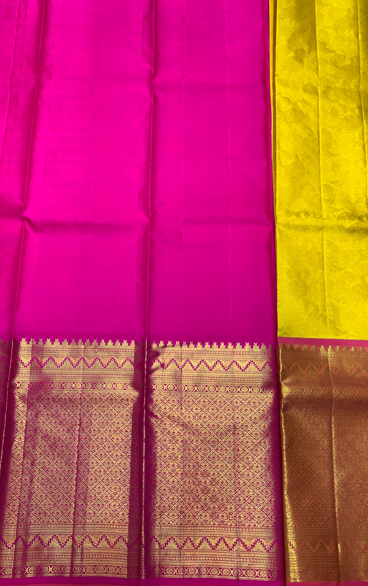 Yellow Shade Pure Kanchipuram Kids Pattu Pavadai with Contrast Border for Age Above 10 Years
