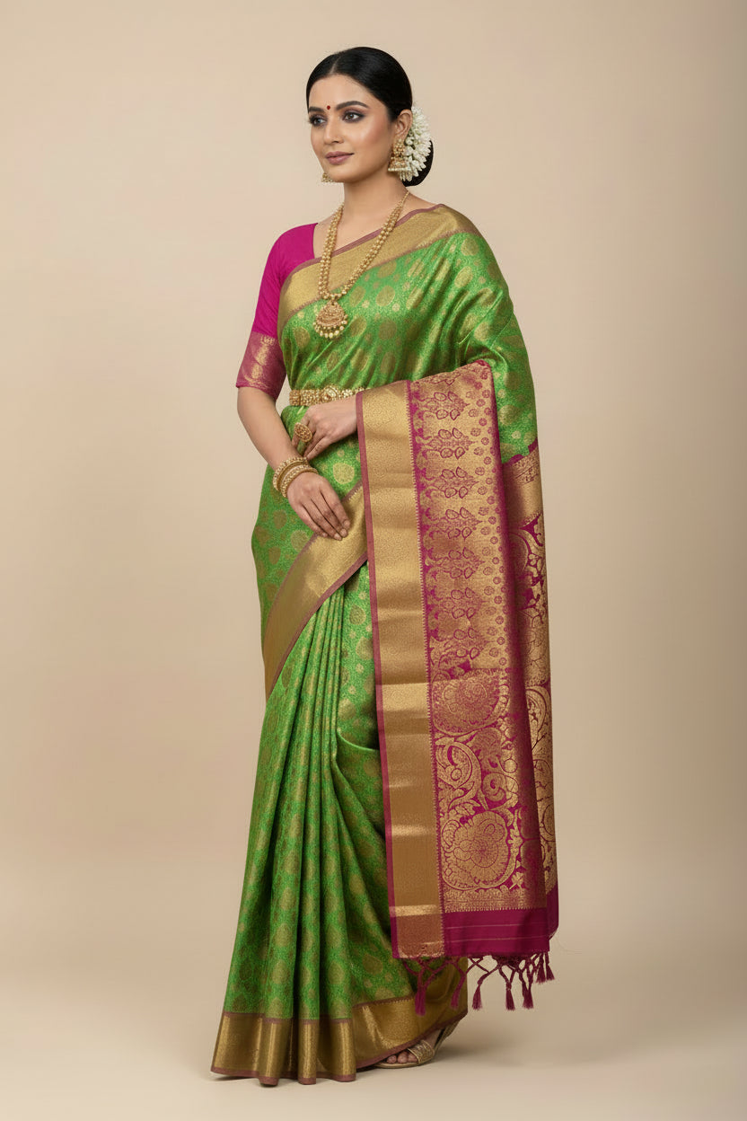 Vegan Silk Saree Light Green Colour with Pink and Copper Border