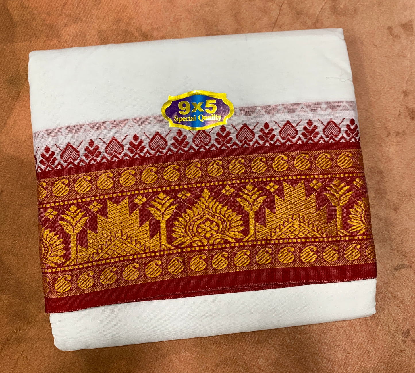 9X5 Cotton Dhoti White with Red and Olive Green  Ganga Jamuna Border