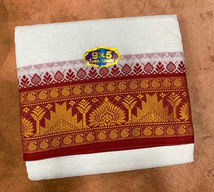 9X5 Cotton Dhoti White with Red and Olive Green  Ganga Jamuna Border