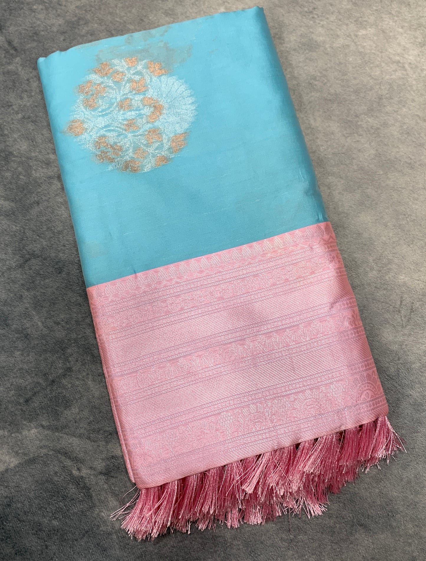 Paper Silk Saree Sky Blue Colour with Baby Pink Colour Shade Border